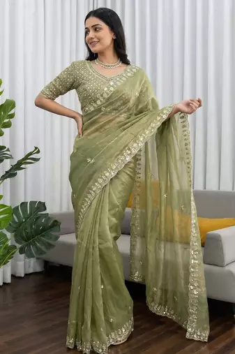 women's pista silk blend partywear saree with unstitched blouse