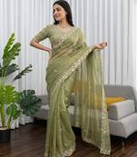 Women's pista silk partywear saree with unstitched blouse