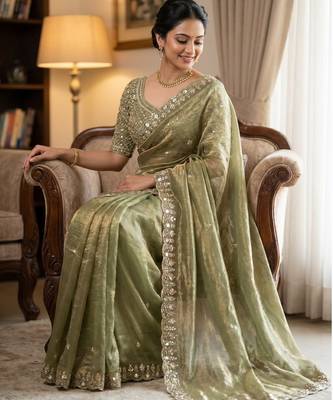 Women's pista silk partywear saree with unstitched blouse 2