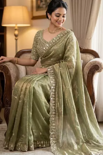 women's pista silk blend partywear saree with unstitched blouse