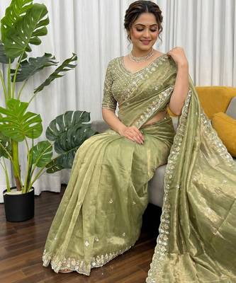 Women's pista silk partywear saree with unstitched blouse 3