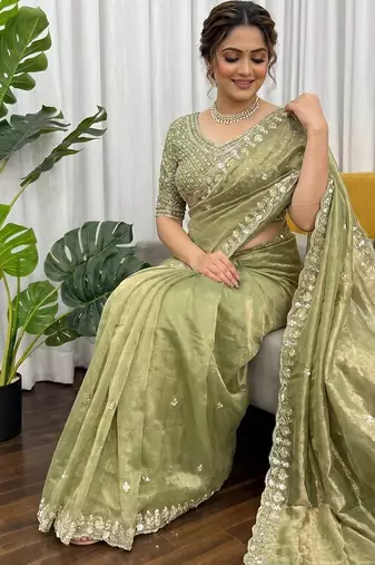 women's pista silk blend partywear saree with unstitched blouse