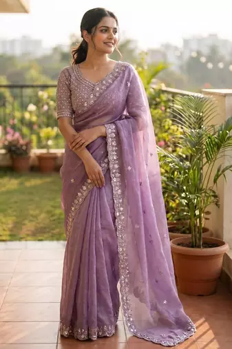 women's purple silk blend partywear saree with unstitched blouse