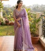 Women's purple silk partywear saree with unstitched blouse