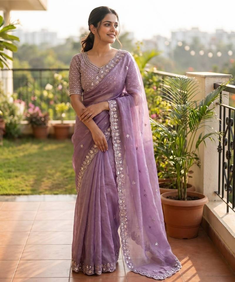 Women's purple silk partywear saree with unstitched blouse
