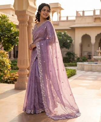 Women's purple silk partywear saree with unstitched blouse 2