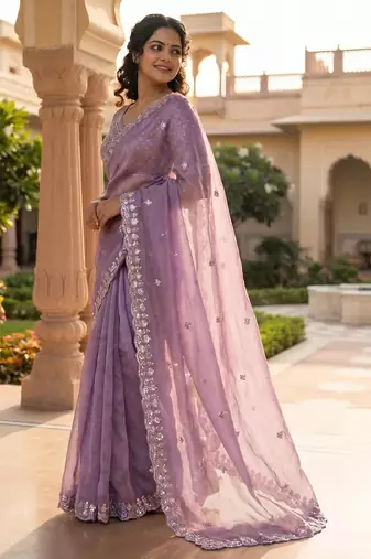 women's purple silk blend partywear saree with unstitched blouse