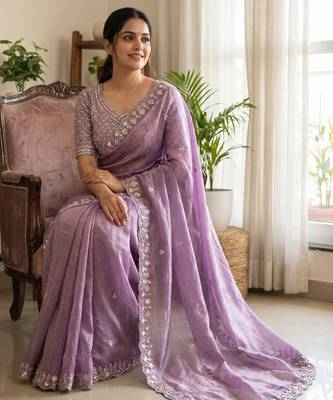 Women's purple silk partywear saree with unstitched blouse 3