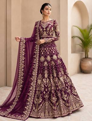Wine net semi stitched anarkali suit with embroidery & stone work 2