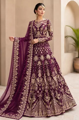 Wine net semi stitched anarkali suit with embroidery & stone work