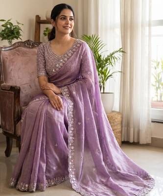 Women's purple silk partywear saree with unstitched blouse 4