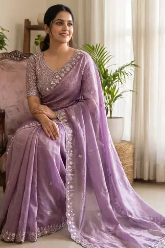 women's purple silk blend partywear saree with unstitched blouse