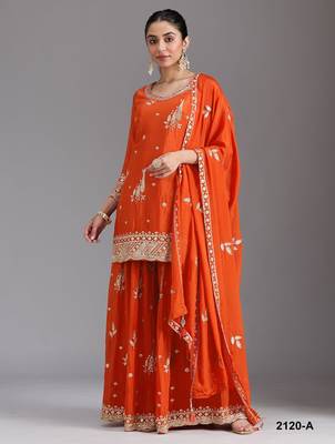 Orange chinon semi stitched suit with embroidery & sequence work 1