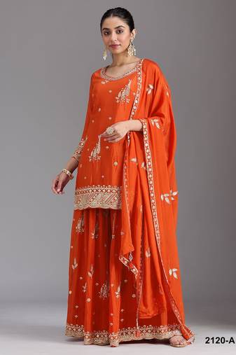 Orange chinon semi stitched suit with embroidery & Sequin work