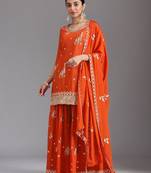Orange chinon semi stitched suit with embroidery & sequence work
