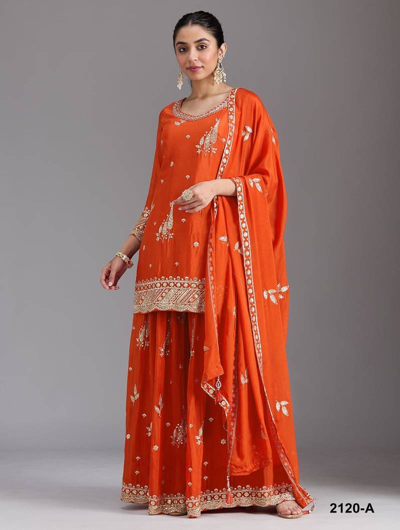 Orange chinon semi stitched suit with embroidery & sequence work