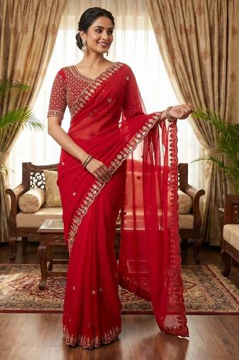 women's red silk blend partywear saree with unstitched blouse