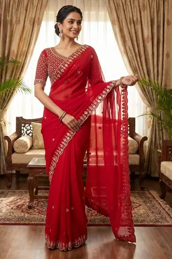 women's red silk blend partywear saree with unstitched blouse
