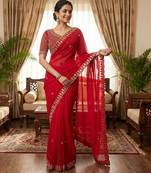Women's red silk partywear saree with unstitched blouse