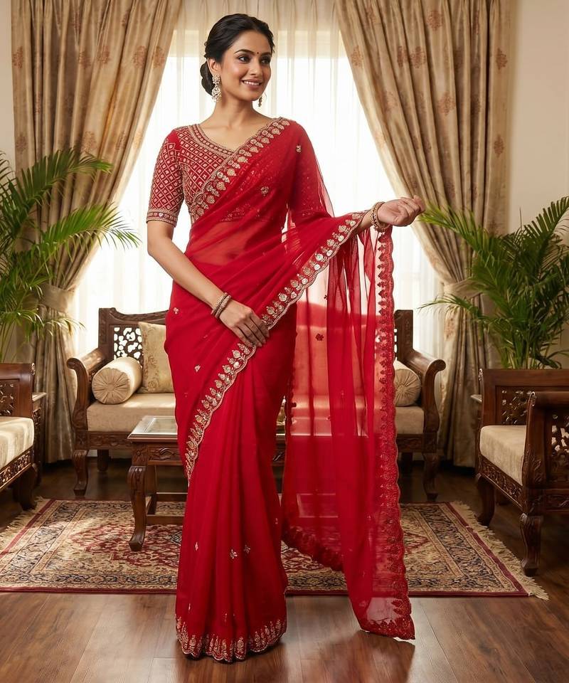 Women's red silk partywear saree with unstitched blouse