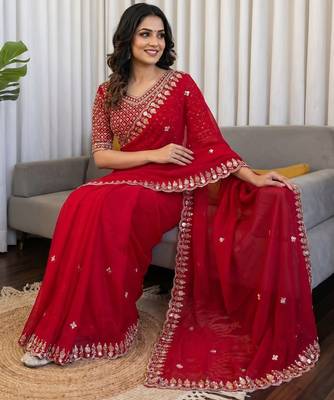 Women's red silk partywear saree with unstitched blouse 2