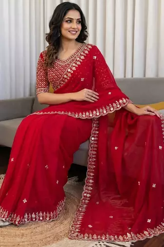 women's red silk blend partywear saree with unstitched blouse
