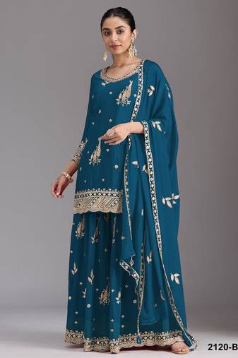 Teal chinon semi stitched suit with embroidery & Sequin work