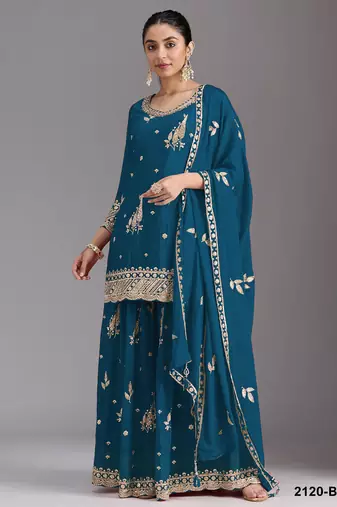 Teal chinon semi stitched suit with embroidery & sequence work