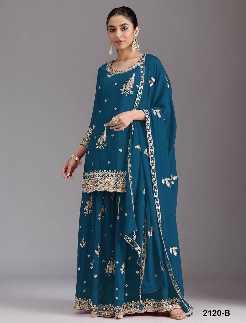 Teal chinon semi stitched suit with embroidery & sequence work