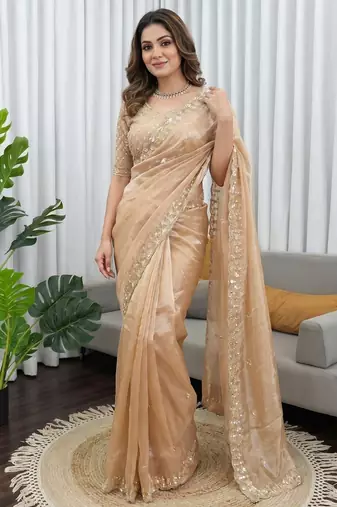 women's rust silk blend partywear saree with unstitched blouse