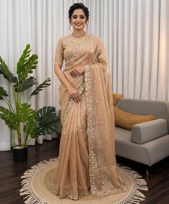 Women's rust silk partywear saree with unstitched blouse 2