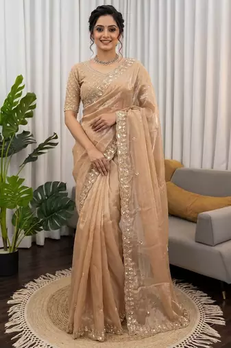 women's rust silk blend partywear saree with unstitched blouse
