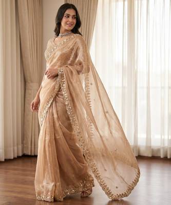 Women's rust silk partywear saree with unstitched blouse 3