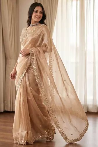 women's rust silk blend partywear saree with unstitched blouse