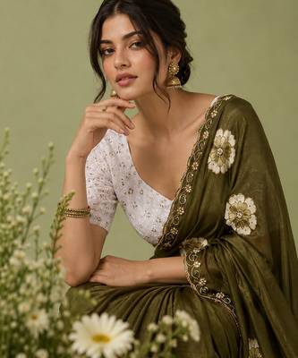 Mehndi floral chiffon ethnic saree 5