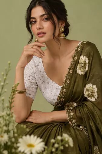 Mehndi floral chiffon ethnic saree