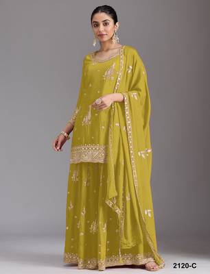 Mustard chinon semi stitched suit with embroidery & sequence work 1