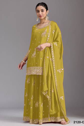 Mustard chinon semi stitched suit with embroidery & Sequin work