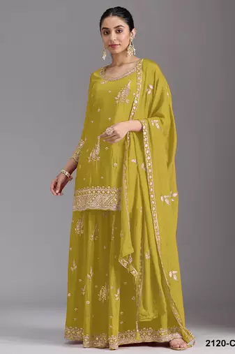Mustard chinon semi stitched suit with embroidery & sequence work