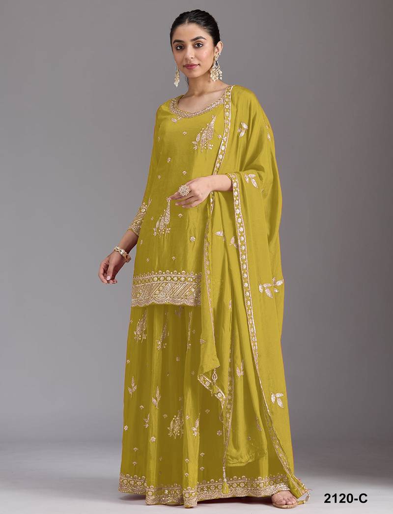Mustard chinon semi stitched suit with embroidery & sequence work