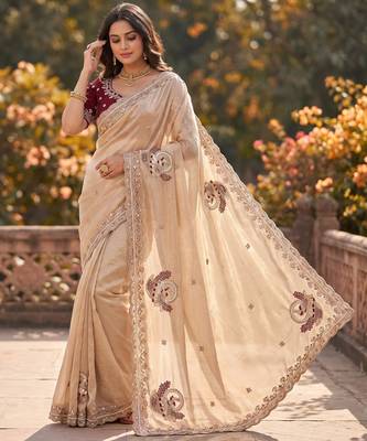 Women's cream satin silk partywear saree with unstitched blouse 1