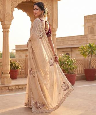 Women's cream satin silk partywear saree with unstitched blouse 2