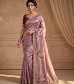 Women's lavender satin silk partywear saree with unstitched blouse