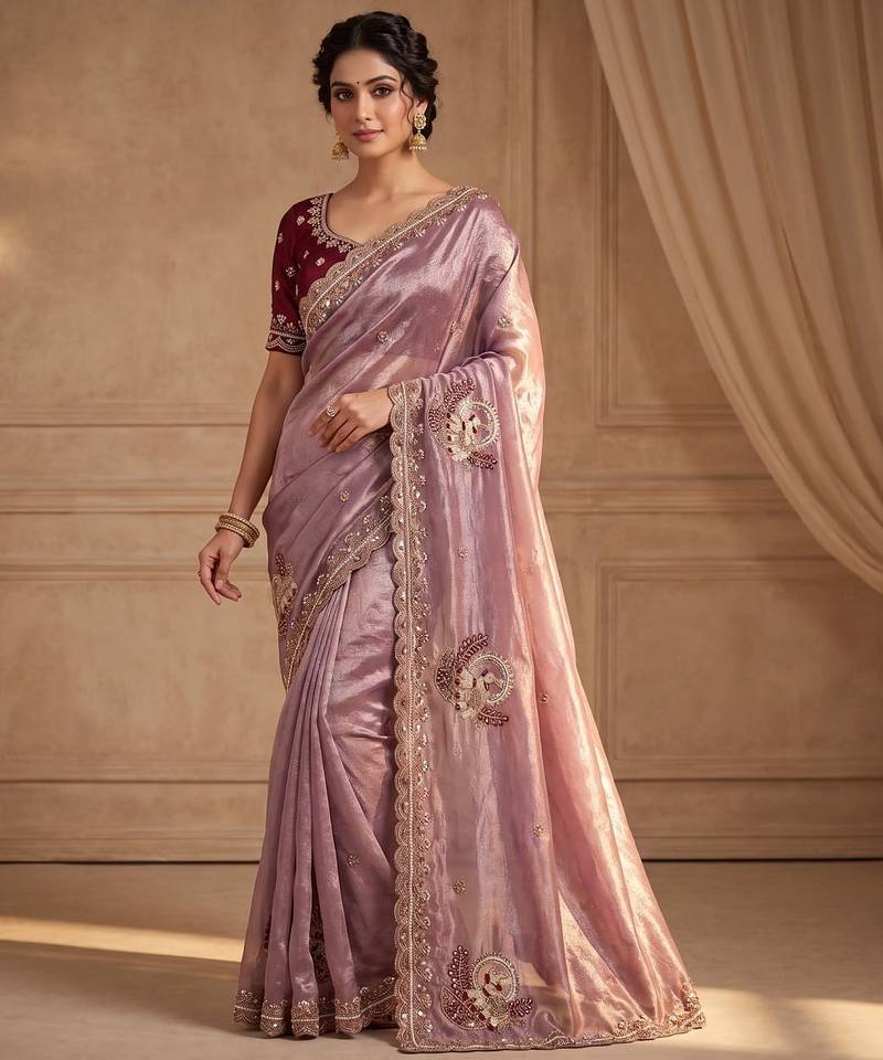 Women's lavender satin silk partywear saree with unstitched blouse