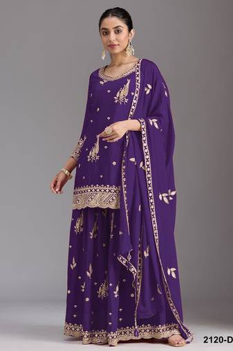 Violet chinon semi stitched suit with embroidery & Sequin work