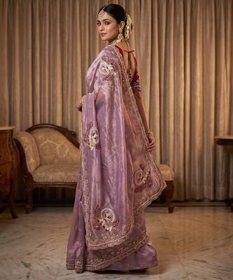 Women's lavender satin silk partywear saree with unstitched blouse 2
