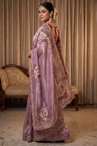 women's lavender satin silk blend partywear saree with unstitched blouse