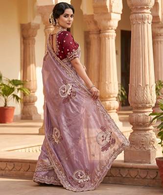 Women's lavender satin silk partywear saree with unstitched blouse 3