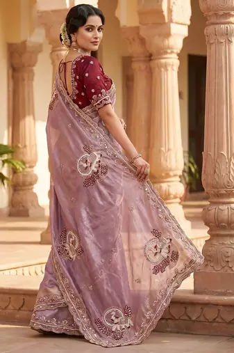 women's lavender satin silk blend partywear saree with unstitched blouse
