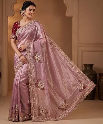 Women's lavender satin silk partywear saree with unstitched blouse 4